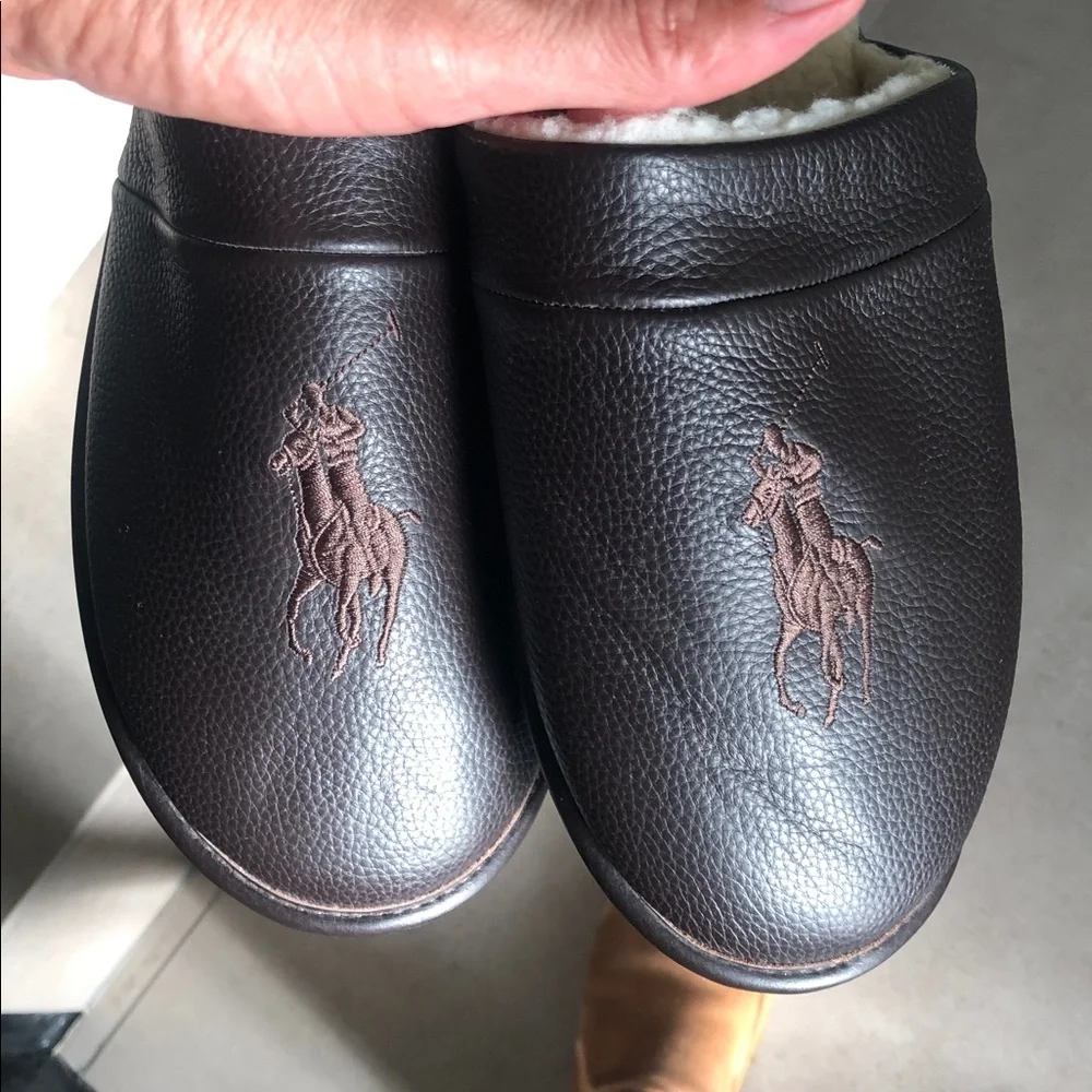 Polo by Ralph Lauren Dark Brown Leather  Big Pony Slip-On Slippers used 11/12